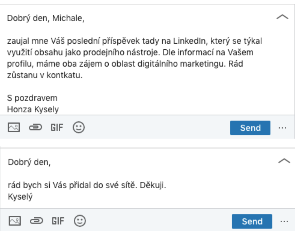 personalizovaná vs. obecná zpráva z LinkedIn