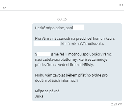 vzorová osobní zpráva na LinkedIn